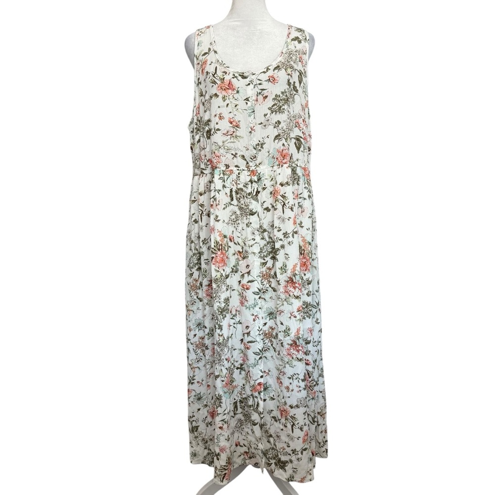 Frye Floral Sleeveless Maxi Dress Size XL Cream Green Pink Lined Button Down